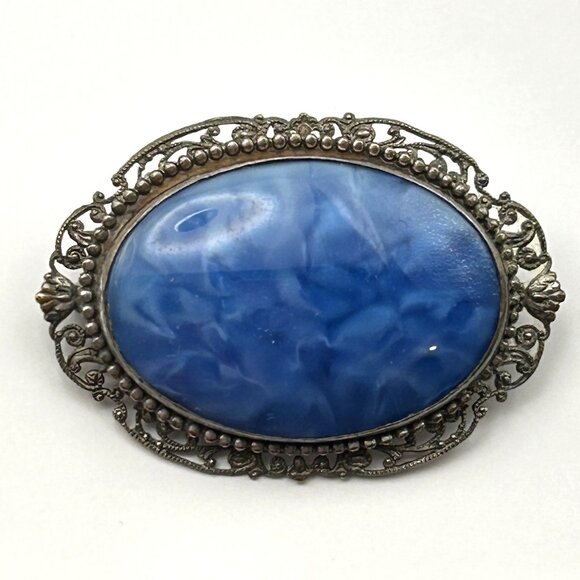 Vintage Victorian Revival Blue Glass Brooch Ornate Filigree Oval Cabochon 1.75in - Picture 1 of 12